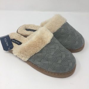 Brand New Nautica Grey Knit Fur Slippers NWT